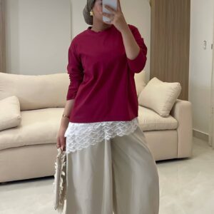 تيشيرت دانتيل Casual  Top with Lace Hem