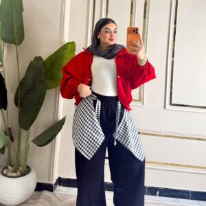 بنطلون Wide-Leg Pants | Plaid Shirt Waist Tie Design