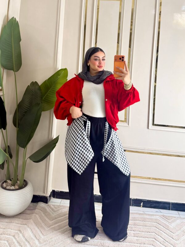 بنطلون Wide-Leg Pants | Plaid Shirt Waist Tie Design