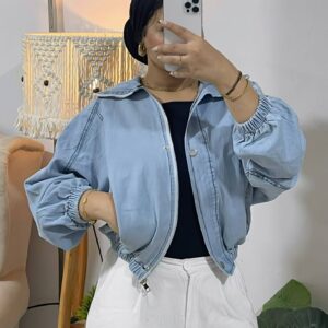 جاكت Cropped Denim Jacket | Full Zip & Collar Design