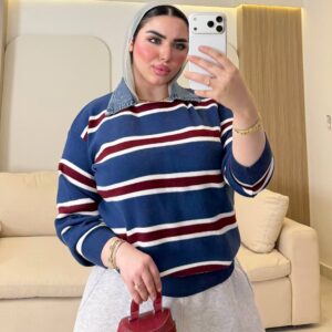 بلوفر Denim Collar Striped Knitted Pullover