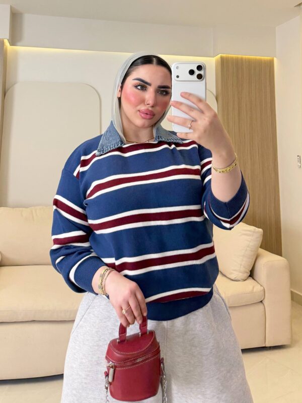 بلوفر Denim Collar Striped Knitted Pullover