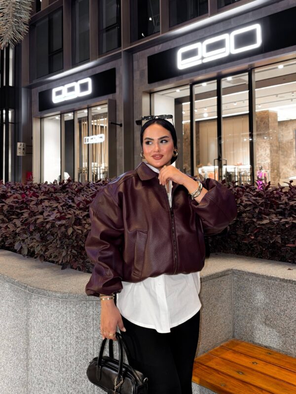 جاكت Oversized Faux Leather Zip-Up Jacket