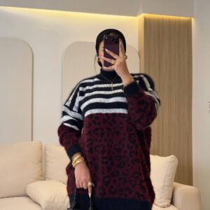 بلوفر Leopard & Striped Fuzzy Mohair Knit Pullover long