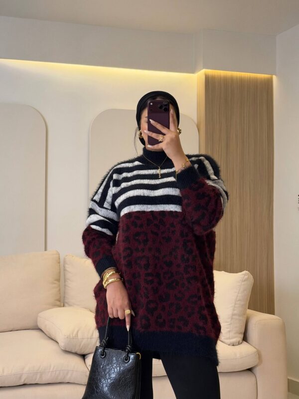 بلوفر Leopard & Striped Fuzzy Mohair Knit Pullover long