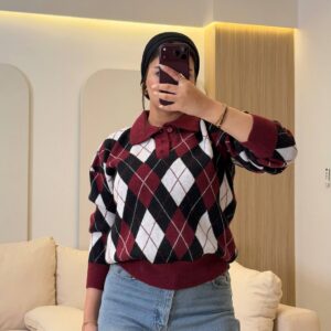 بلوفر Argyle Polo-Collar Knit Pullover