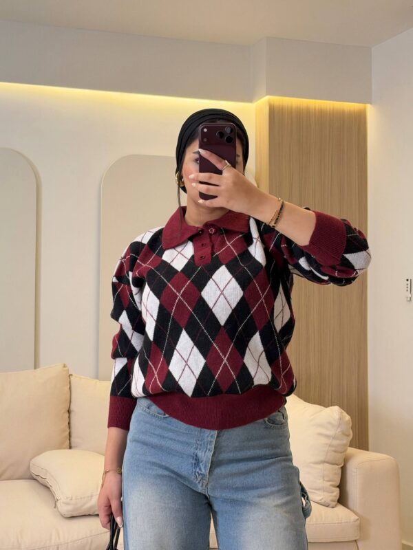 بلوفر Argyle Polo-Collar Knit Pullover