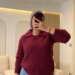 بلوفر Textured Polo-Collar Knit Pullover