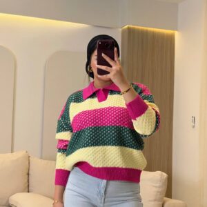 بلوفر Ribbed Collar Striped Knit Pullover