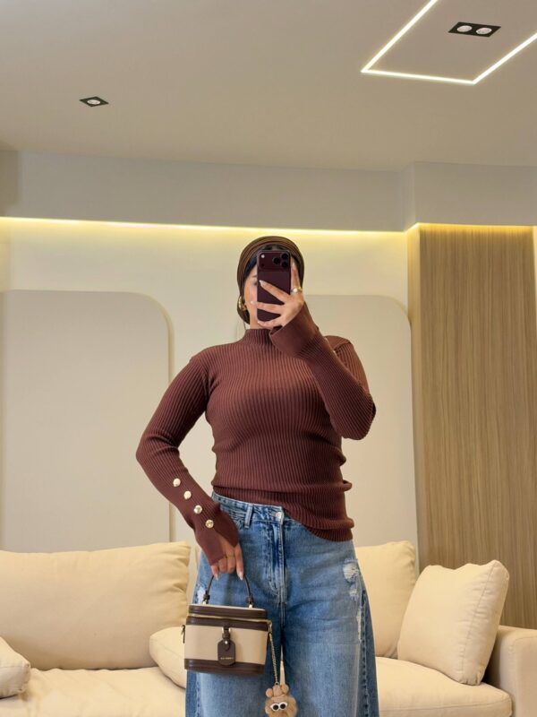بيزك Basic Button-Cuff Mock-Neck Ribbed