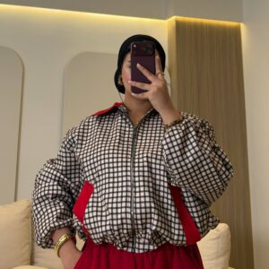 جاكت Gingham Zip-Up Jacket with Contrast Trim