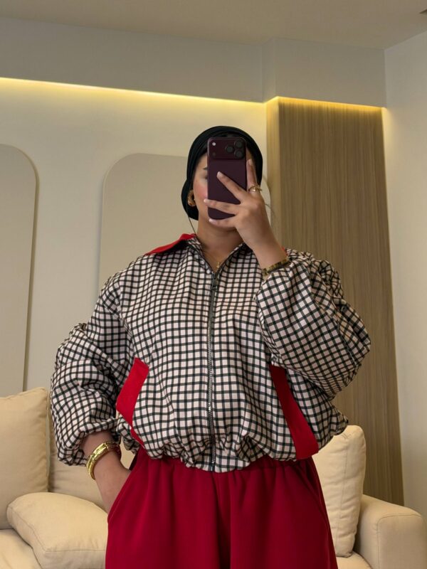 جاكت Gingham Zip-Up Jacket with Contrast Trim