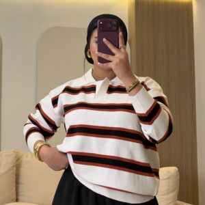 بلوفر Casual Striped Knit Top with Collar