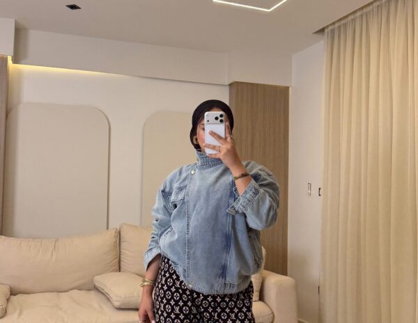 جاكت جينز Side-Button High-Collar Denim Jacket