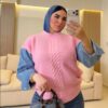 بلوفر   Denim-Sleeve Cable Pullover